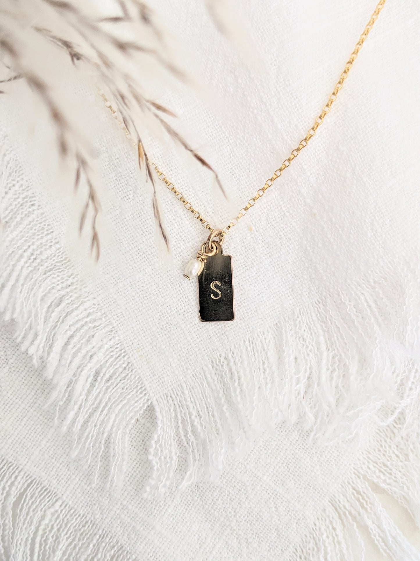 Initial Tag Necklace with Pearl